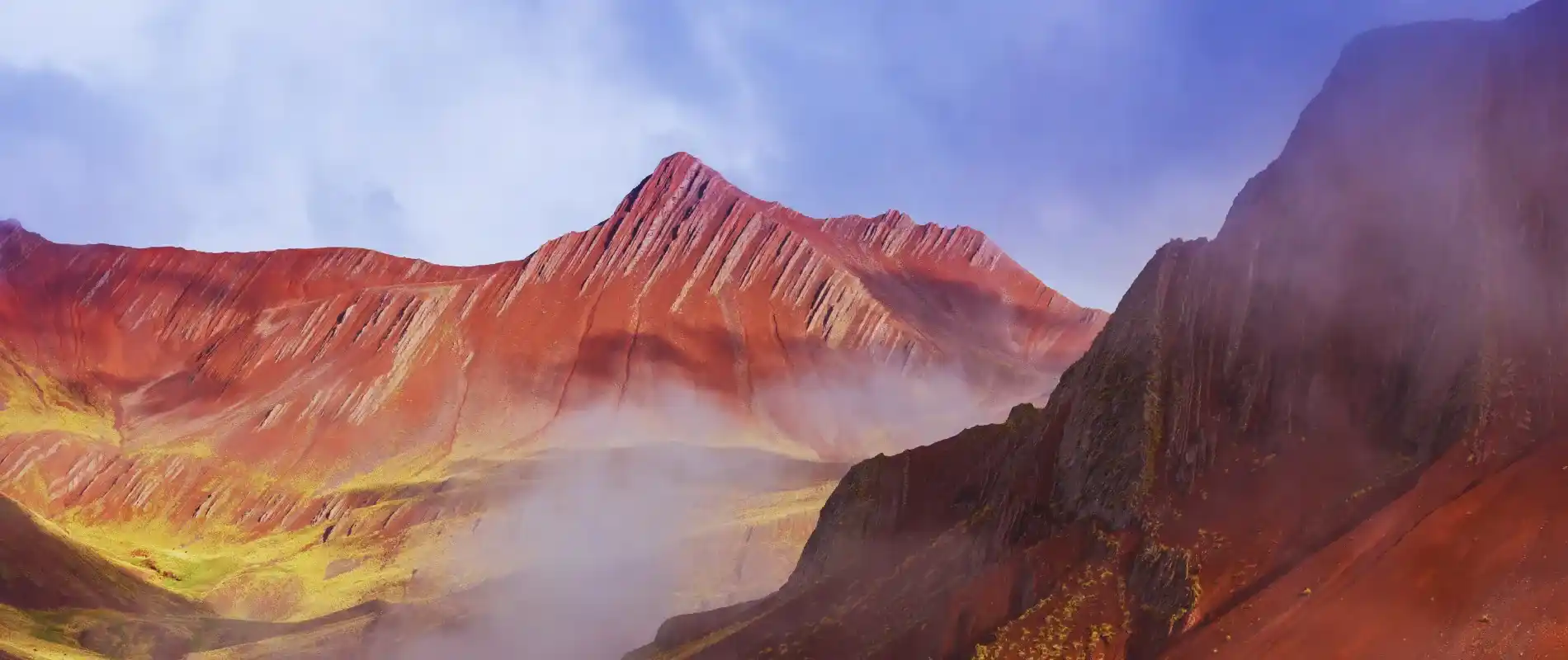 Side-by-side views of Vinicunca Vs. Pallay Punchu, showing the contrasting landscapes of each Rainbow Mountain trail near Cusco